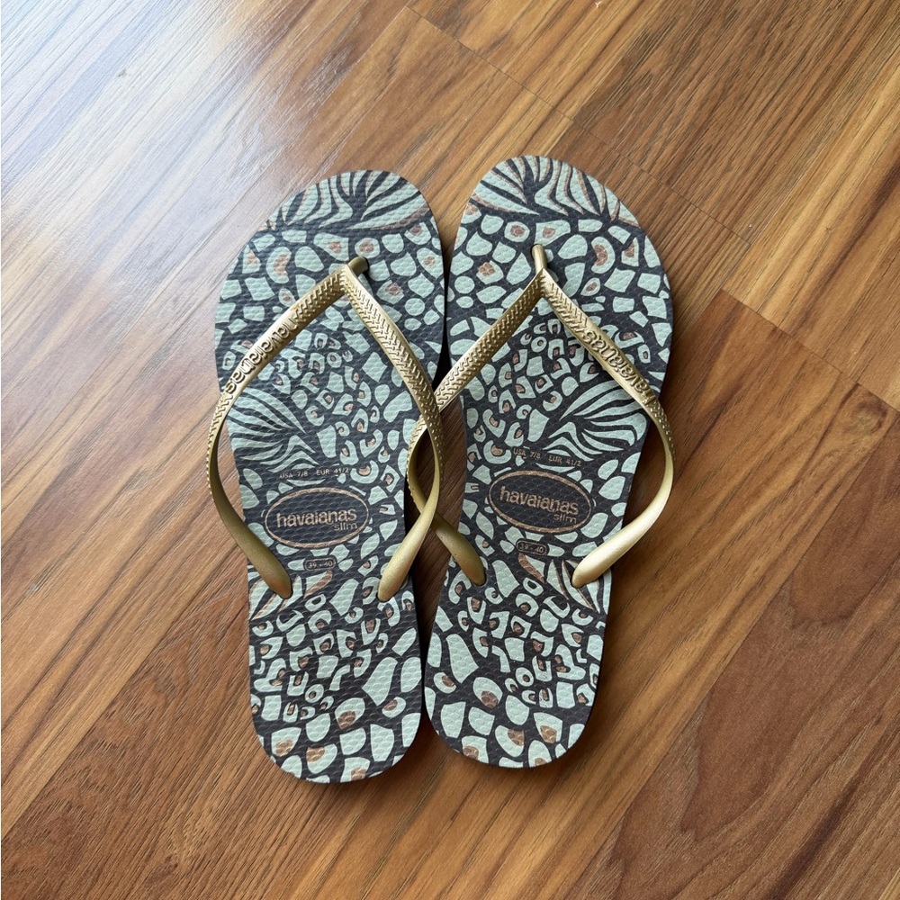 Havaianas Animal Print Flip Flops with Gold Straps